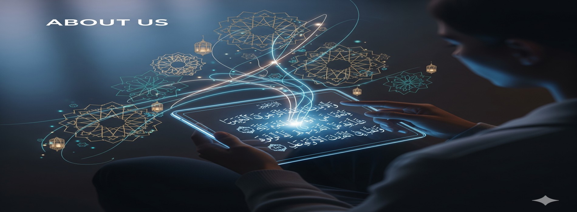 A person actively engaging with a glowing digital tablet showing Quranic verses, symbolizing the modern way to read the Quran with technology, surrounded by Islamic patterns.